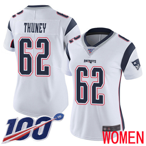New England Patriots Football 62 Vapor Untouchable 100th Season Limited White Women Joe Thuney Road NFL Jersey